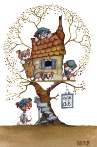 watercolour of cats and dogs in a treehouse