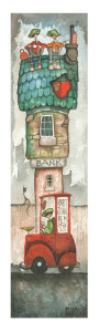 watercolour of robbers on a bank roof